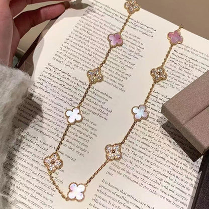 [Elowen Jewels]CLOVER 10 MOTIFS DIAMOND PINK MOP NECKLACE