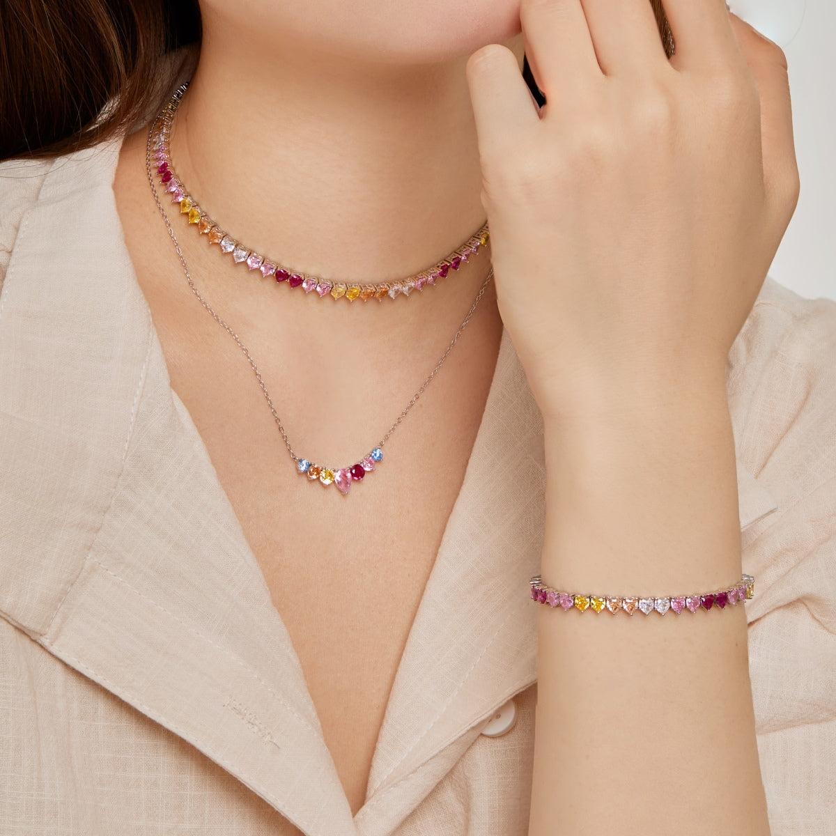 [Elowen Jewels]Sparkling Colorful Full Heart Tennis Necklace