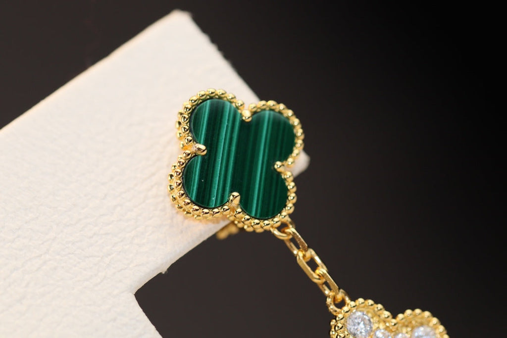 [Elowen Jewels] KLEEBLATT-OHRRINGE GOLD MALACHIT DIAMANT 3 MOTIVE