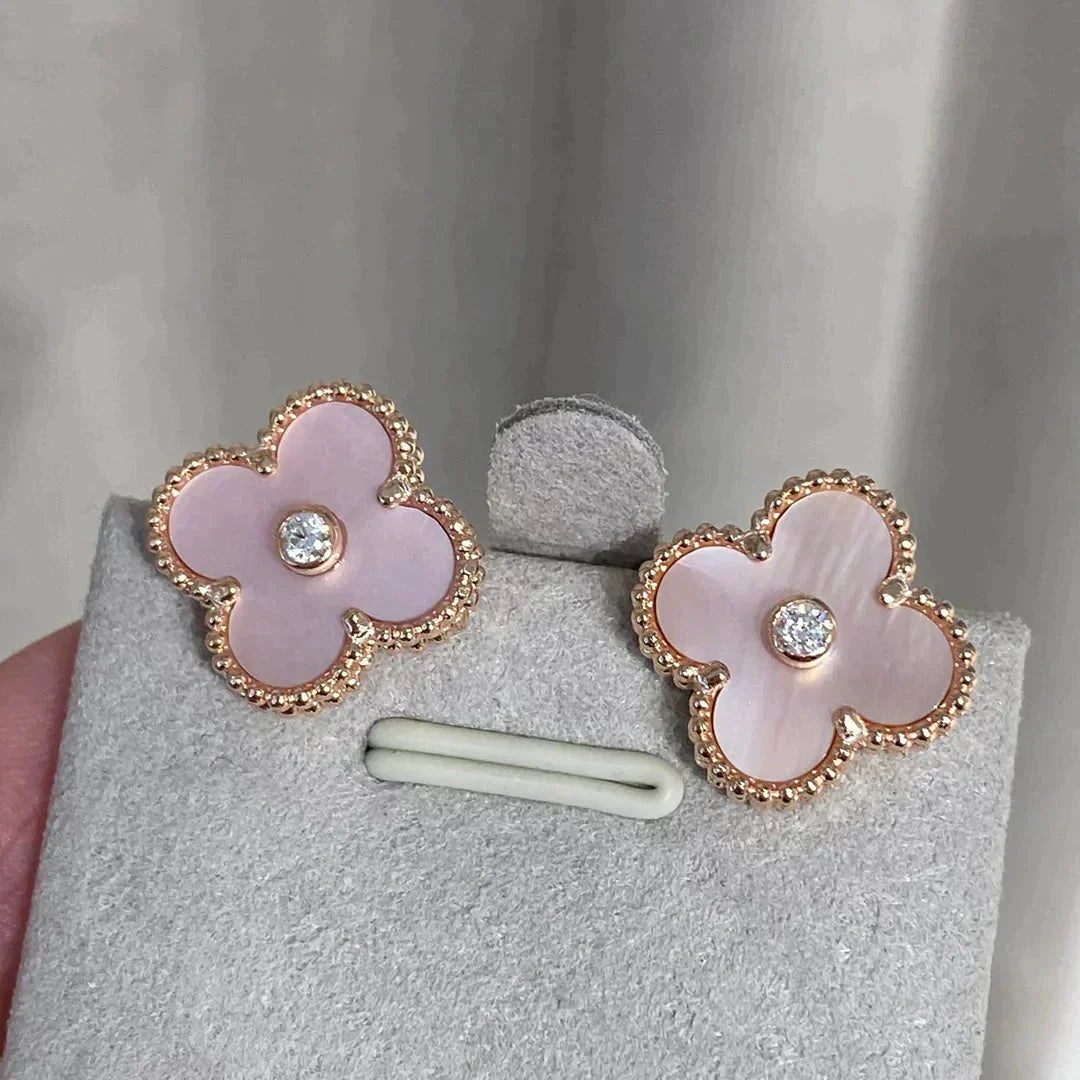 [Elowen jewels ]CLOVER MEDIUM 1 MOTIV ROSA PERLMUTT DIAMANT-OHRRINGE