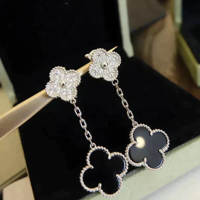 [Elowen jewels ]CLOVER 2 MOTIVE DIAMANT ONYX OHRRINGE SILBER