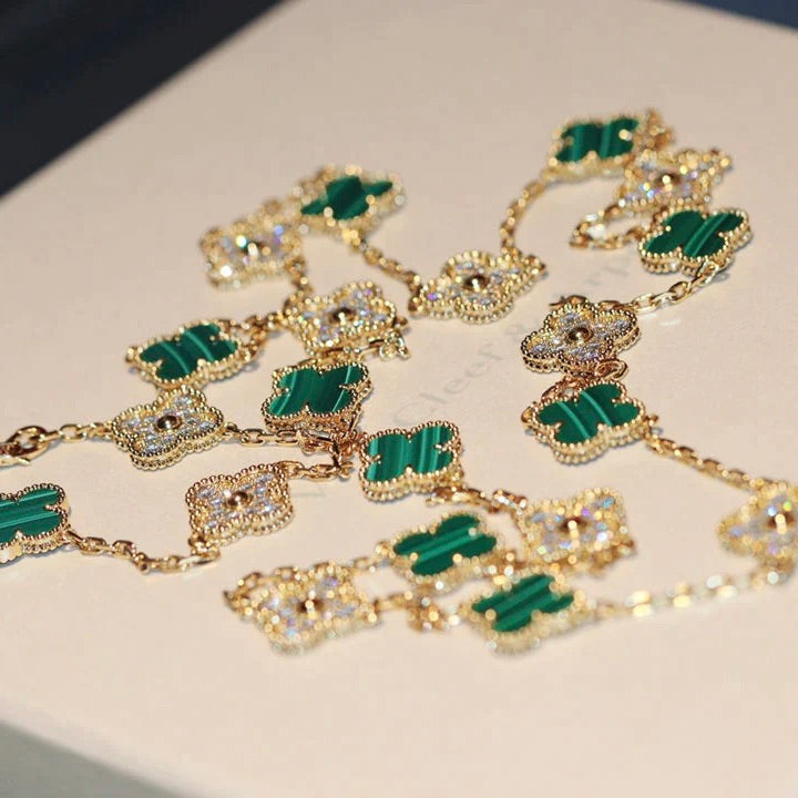 [Elowen jewels ]CLOVER 20 MOTIVE MALACHIT DIAMANT-HALSKETTE