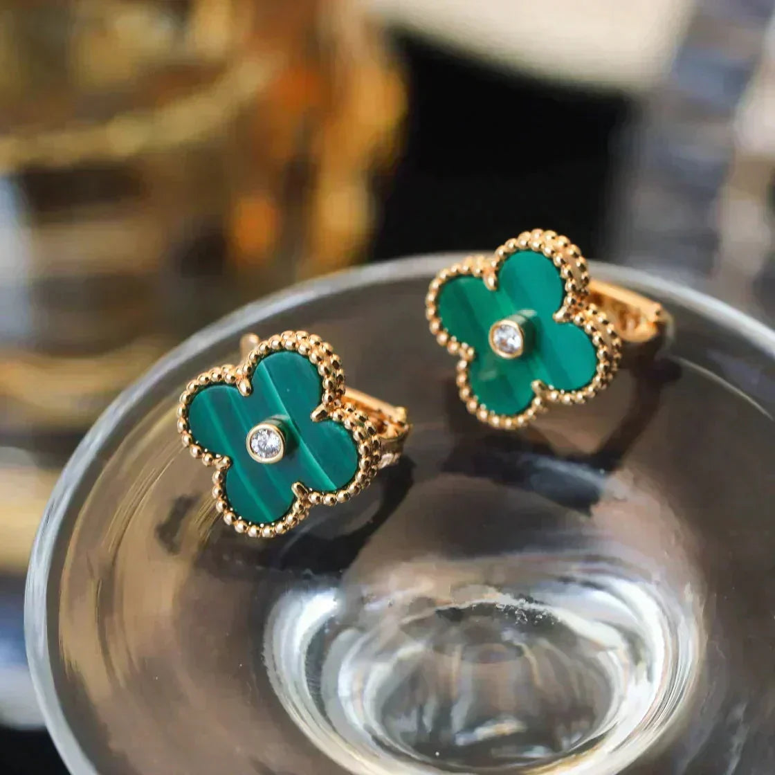 [Elowen jewels ]CLOVER MEDIUM 1 MOTIFS MALACHITE DIAMOND EARRINGS