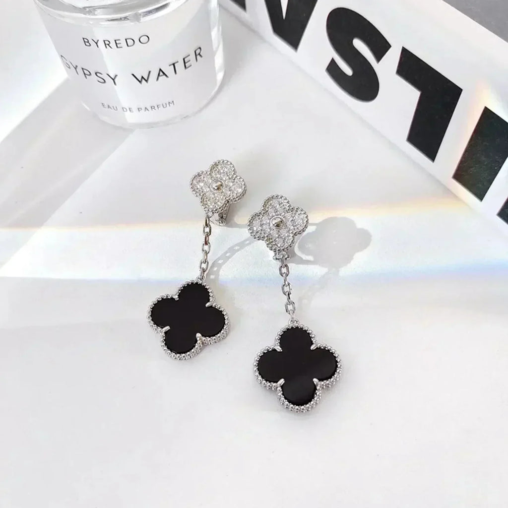 [Elowen jewels ]CLOVER 2 MOTIVE DIAMANT ONYX OHRRINGE SILBER