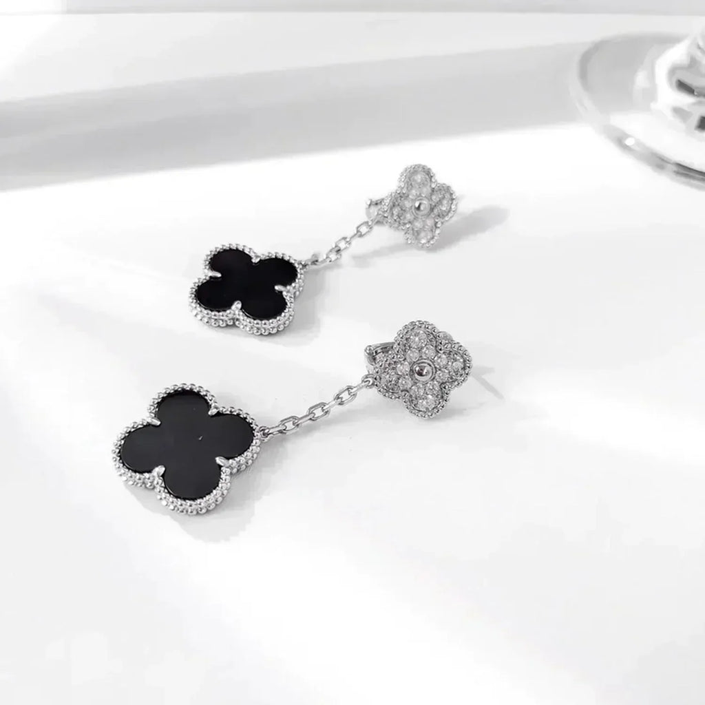 [Elowen jewels ]CLOVER 2 MOTIVE DIAMANT ONYX OHRRINGE SILBER