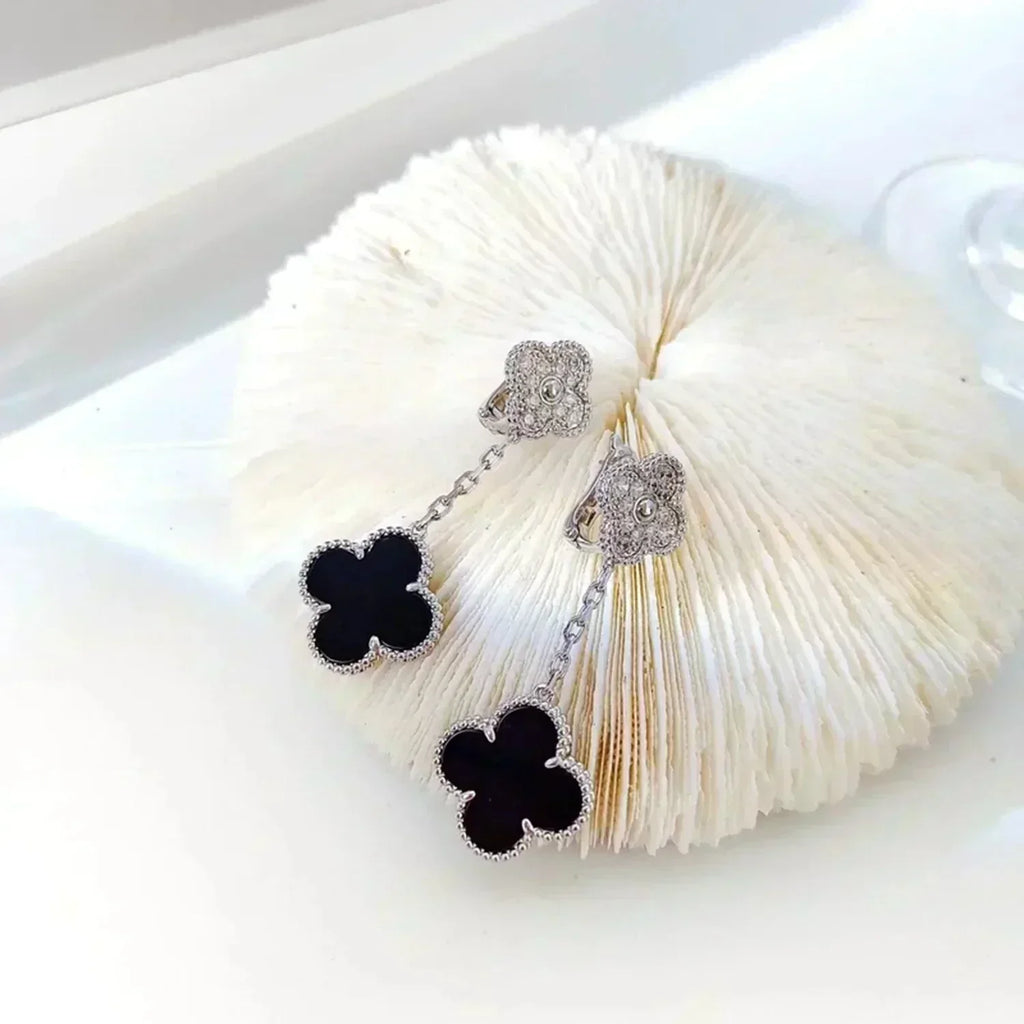 [Elowen jewels ]CLOVER 2 MOTIVE DIAMANT ONYX OHRRINGE SILBER