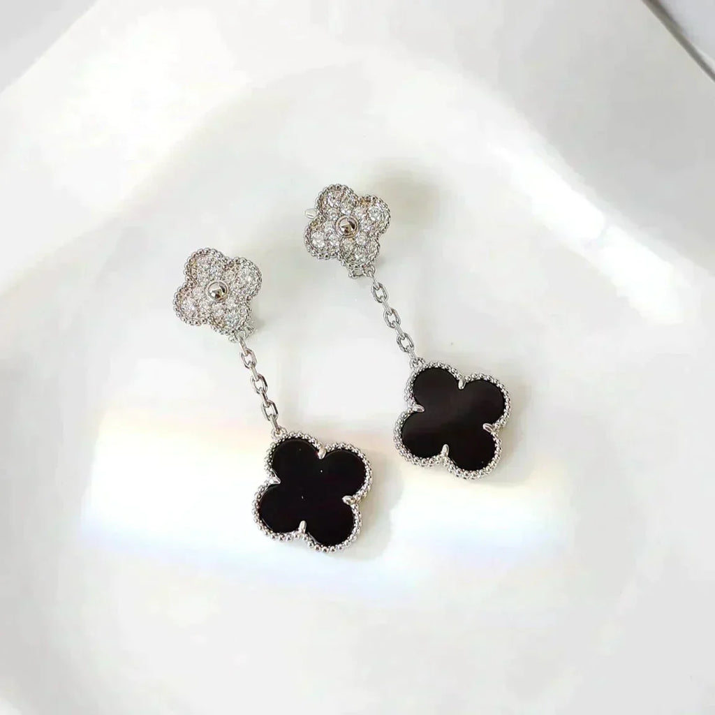 [Elowen jewels ]CLOVER 2 MOTIVE DIAMANT ONYX OHRRINGE SILBER