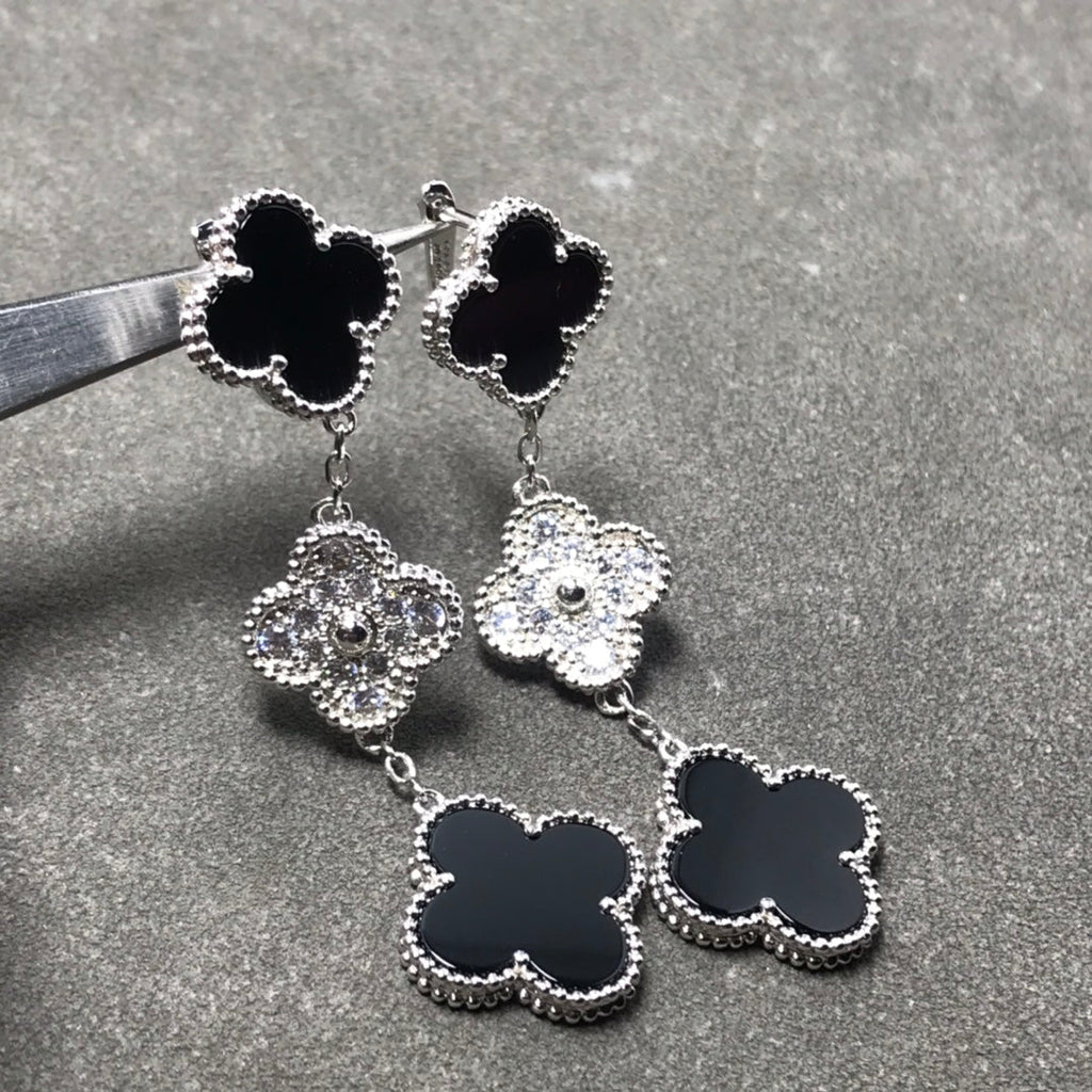 [Elowen jewels ]CLOVER 3-MOTIV-DIAMANT-ONYX-SILBEROHRRINGE