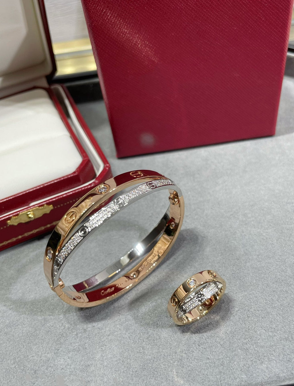 [Elowen jewels ]LOVE PINK GOLD SILVER DIAMOND DOUBLE RING