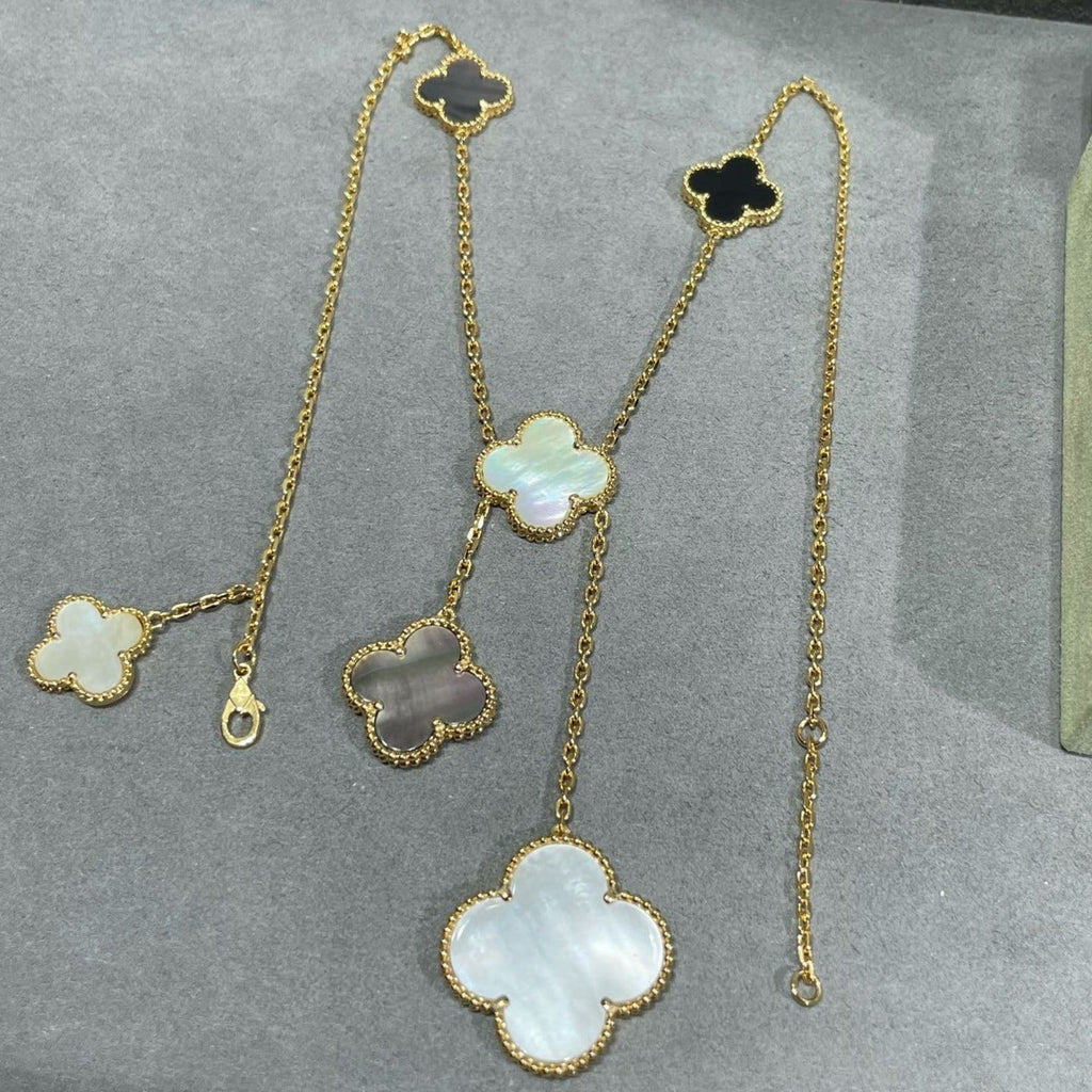 [Elowen jewels ]CLOVER 6 MOTIF MOP ONYX GOLD NECKLACE