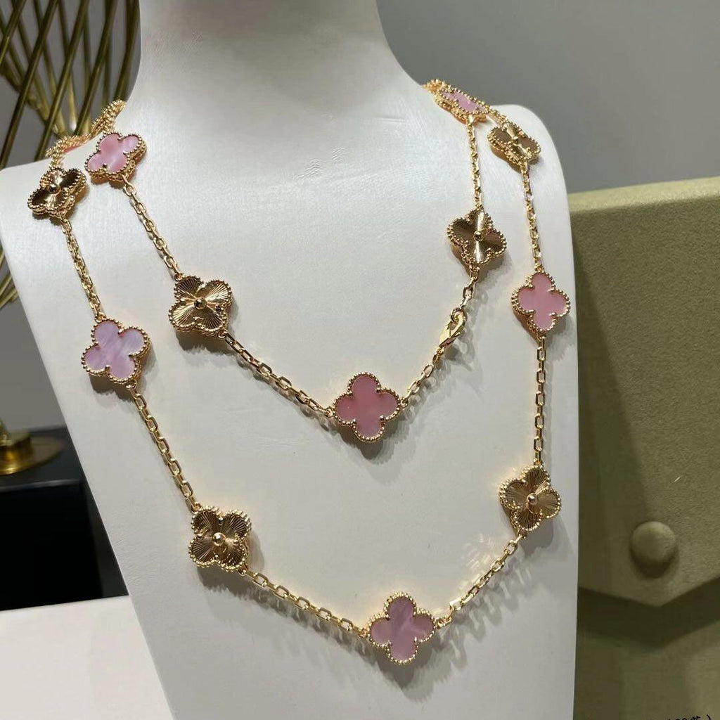 [Elowen jewels ]CLOVER 20 MOTIFS LASER PINK MOP NECKLACE