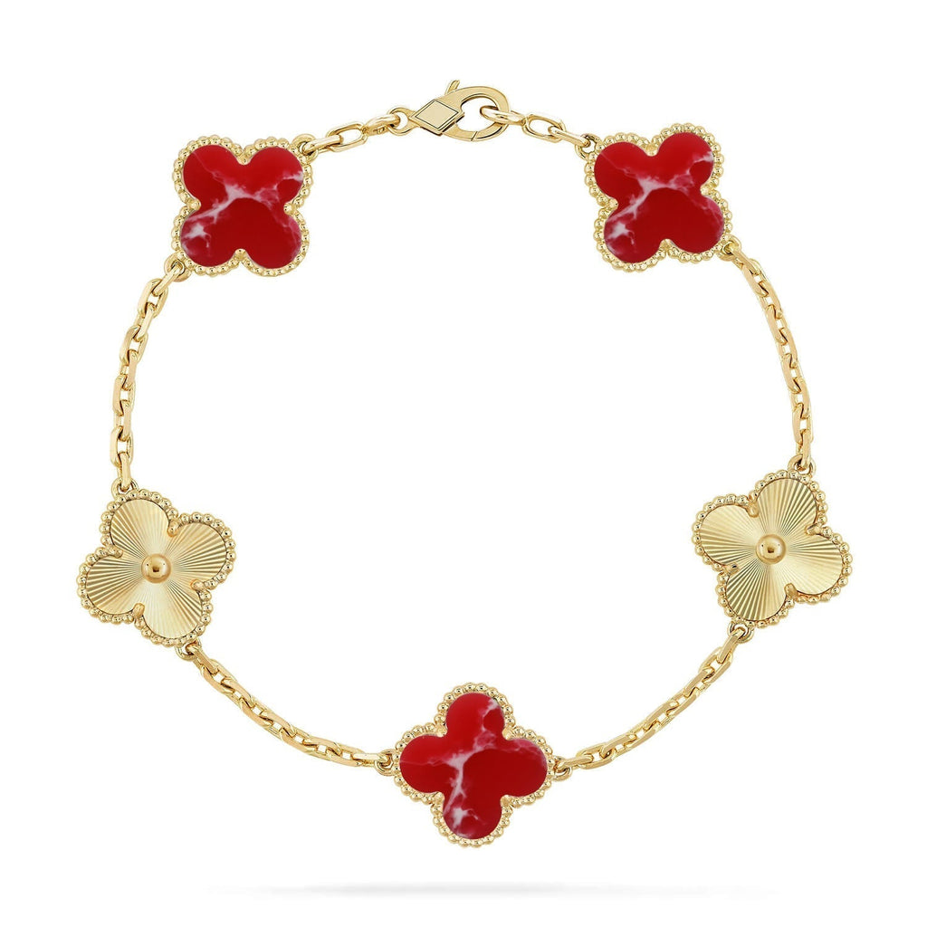 [Elowen jewels ]KLEEBATT-ARMBAND MIT 5 MOTIVEN, ROTES MUSTER, KOLLEKTION