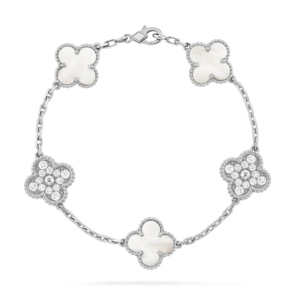 [Elowen jewels ]KOLLEKTION CLOVER WHITE PEARL MOP ARMBAND MIT 5 MOTIVEN