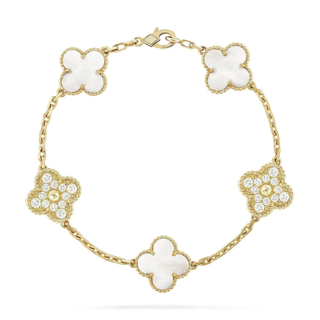 [Elowen jewels ]KOLLEKTION CLOVER WHITE PEARL MOP ARMBAND MIT 5 MOTIVEN