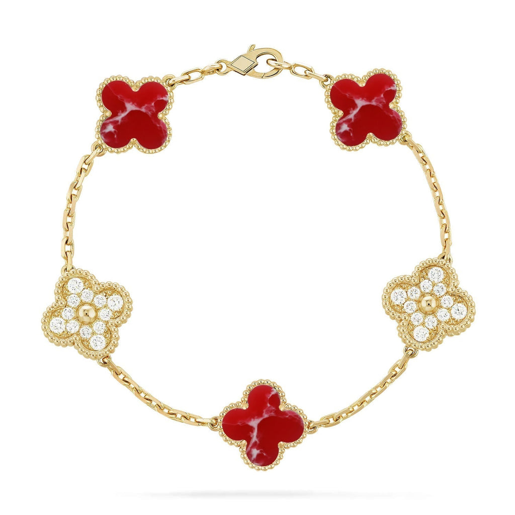 [Elowen jewels ]KLEEBATT-ARMBAND MIT 5 MOTIVEN, ROTES MUSTER, KOLLEKTION