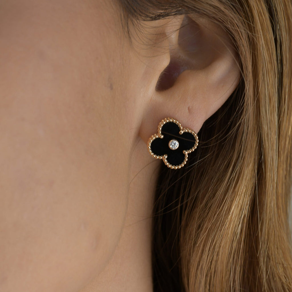 [Elowen jewels ]CLOVER MEDIUM 1 MOTIV ONYX DIAMANT OHRRINGE