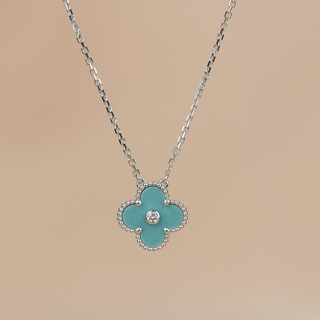 [Elowen jewels ]CLOVER 15MM DIAMANT SVRES PORZELLAN-HALSKETTE SILBER