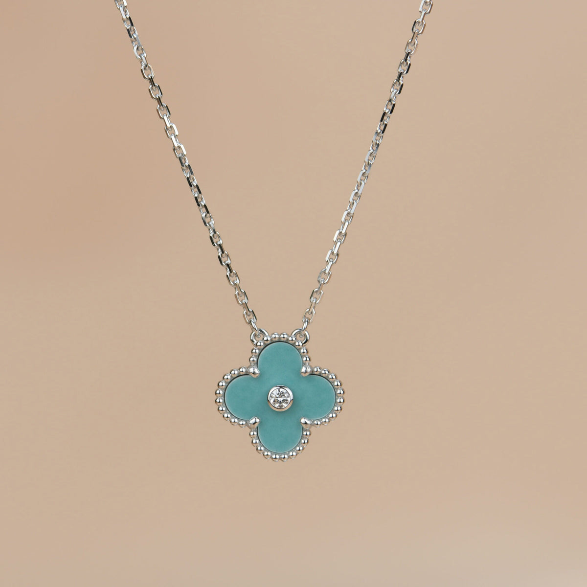 [Elowen jewels ]CLOVER 15MM DIAMANT SVRES PORZELLAN-HALSKETTE SILBER