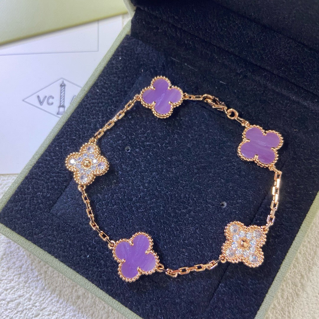 [Elowen Jewels]CLOVER  5 MOTIFS  PURPLE VIOLET DIAMOND BRACELET