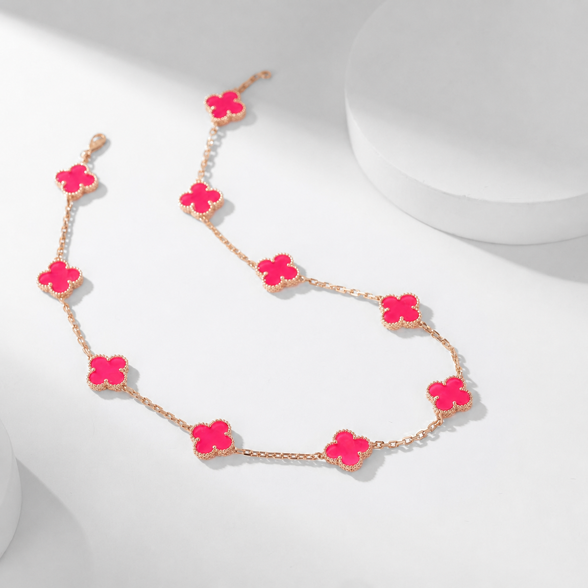 [Elowen]NEW CLOVER 10 MOTIFS PINK ENAMEL NECKLACE