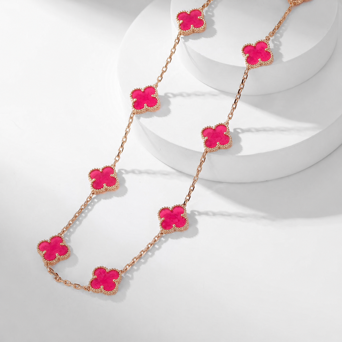 [Elowen]NEW CLOVER 10 MOTIFS PINK ENAMEL NECKLACE