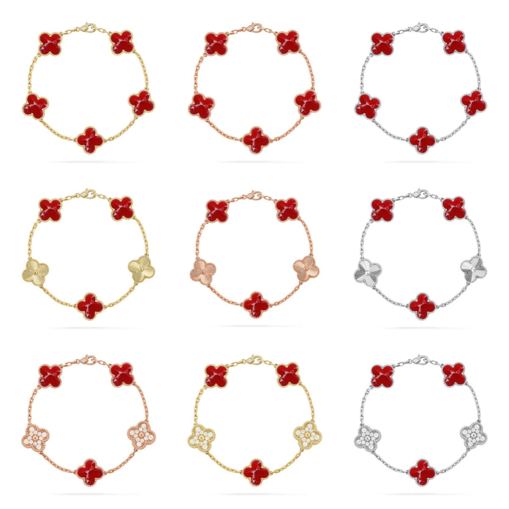 [Elowen jewels ]KLEEBATT-ARMBAND MIT 5 MOTIVEN, ROTES MUSTER, KOLLEKTION