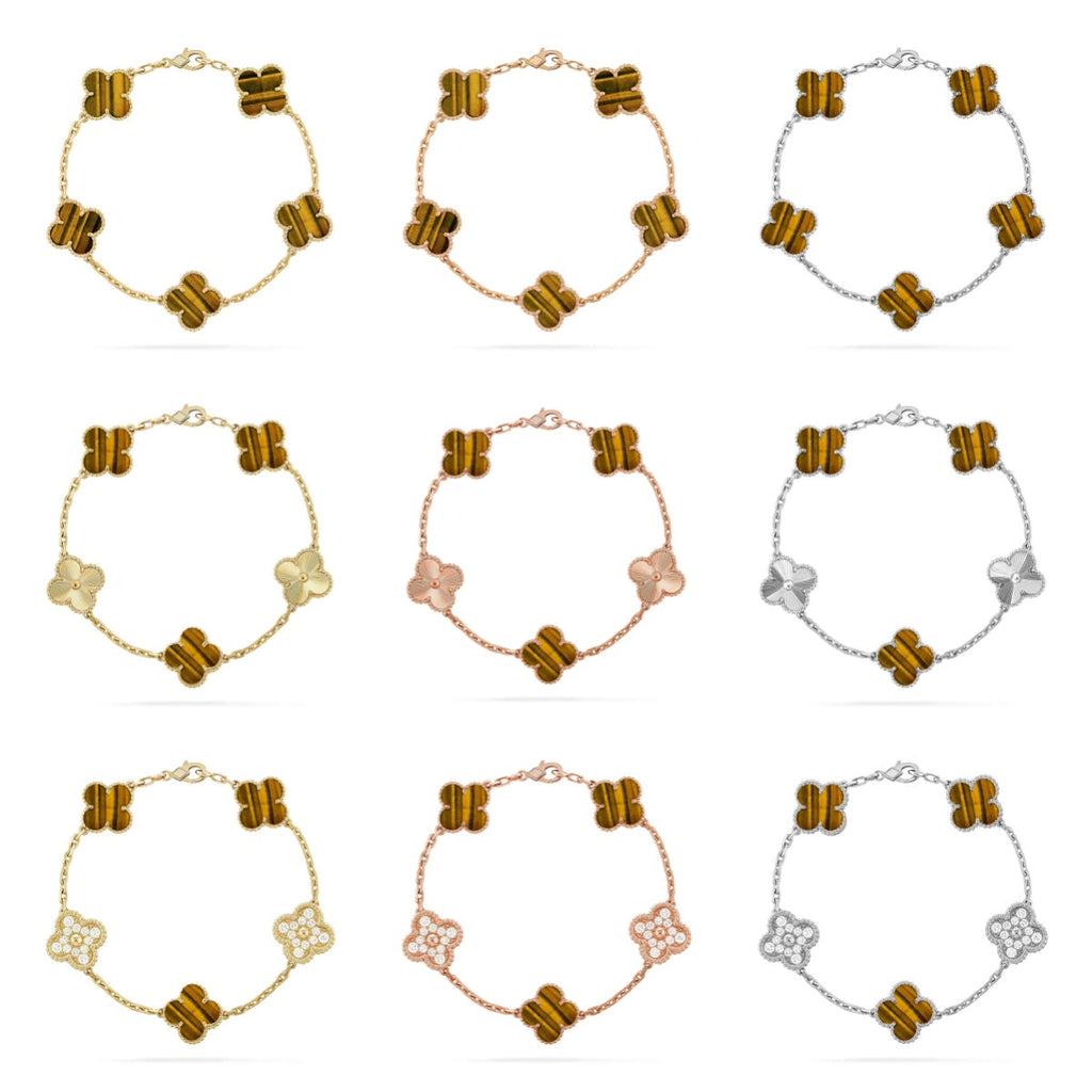 [Elowen jewels ] KOLLEKTION KLEEBLATT ARMBAND MIT 5 TIGERAUGE-MOTIVEN
