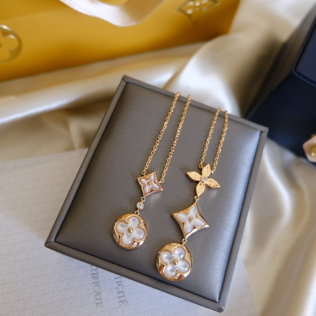 [Elowen jewels ]COLOR BLOSSOM LARIAT NECKLACE PINK GOLD WHITE MOTHER PEARL AND DIAMOND