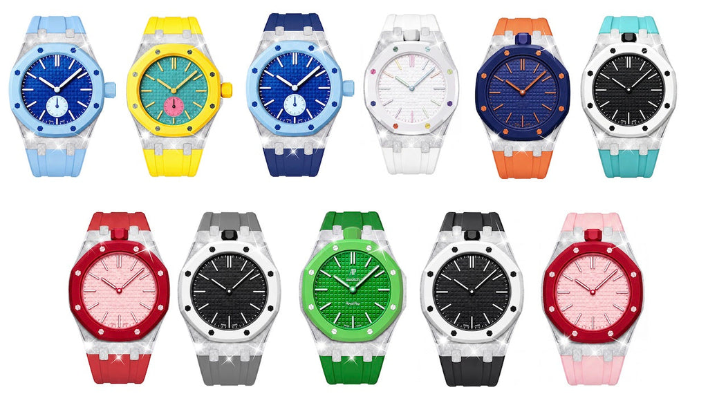 Exclusive Royal Oak Pop model, steel frosted gold case with a silicone strap