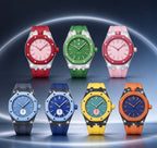 Exclusive Royal Oak Pop model, steel frosted gold case with a silicone strap