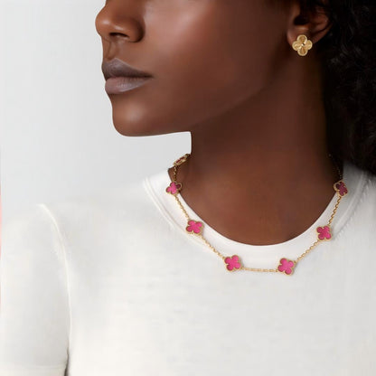 [Elowen]NEW CLOVER 10 MOTIFS PINK ENAMEL NECKLACE