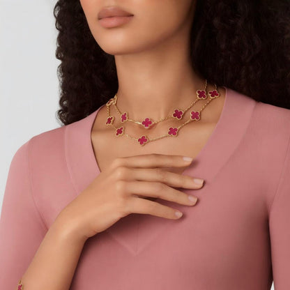 [Elowen] NEW CLOVER 20 MOTIFS PINK ENAMEL NECKLACE