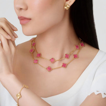 [Elowen] NEW CLOVER 20 MOTIFS PINK ENAMEL NECKLACE