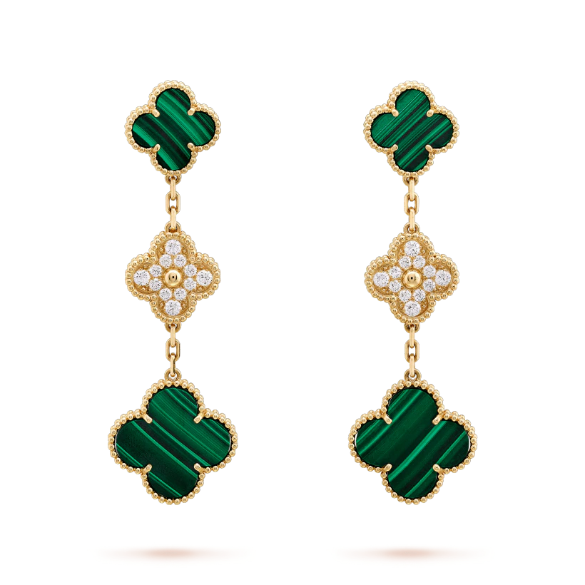 [Elowen Jewels] KLEEBLATT-OHRRINGE GOLD MALACHIT DIAMANT 3 MOTIVE
