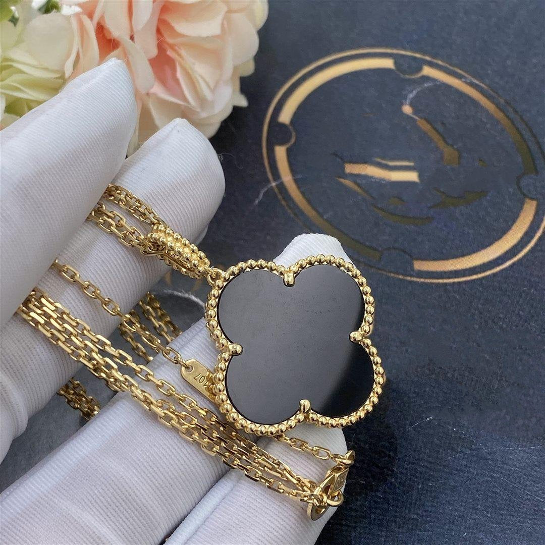 [Elowen jewels ]CLOVER 25MM GOLD ONYX GROSSES KLEEBLATT-HALSKETTE