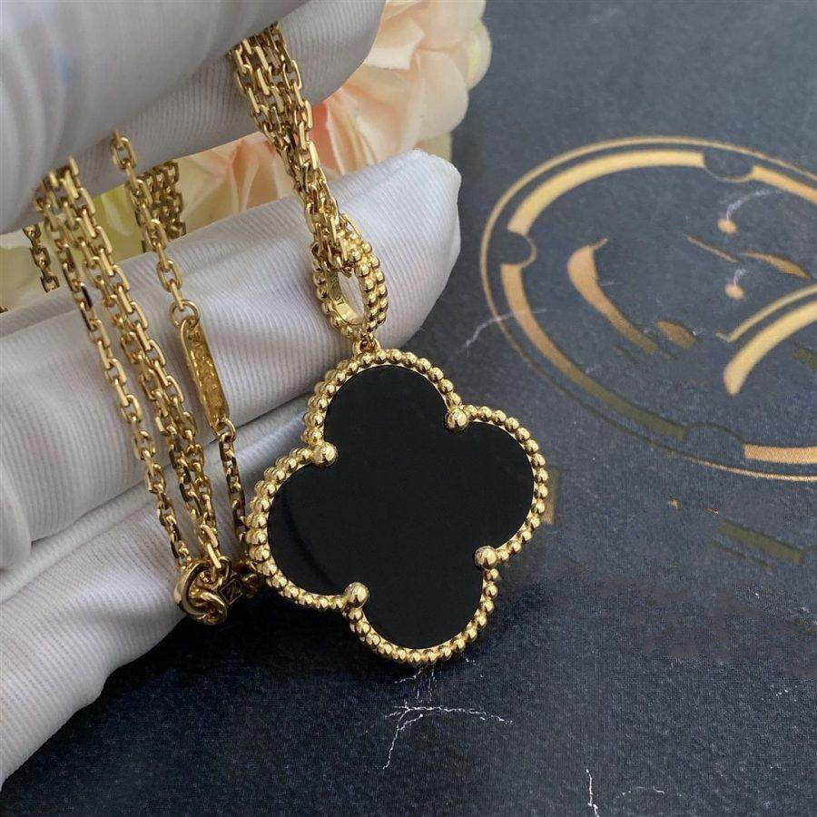 [Elowen jewels ]CLOVER 25MM GOLD ONYX GROSSES KLEEBLATT-HALSKETTE