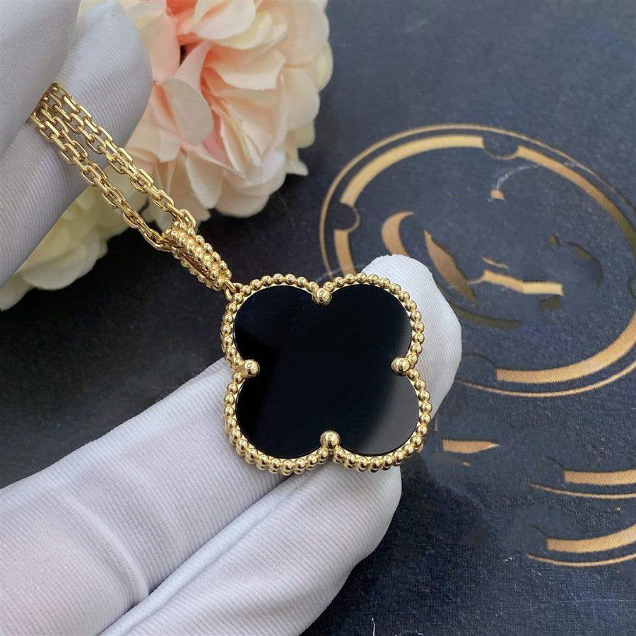 [Elowen jewels ]CLOVER 25MM GOLD ONYX GROSSES KLEEBLATT-HALSKETTE