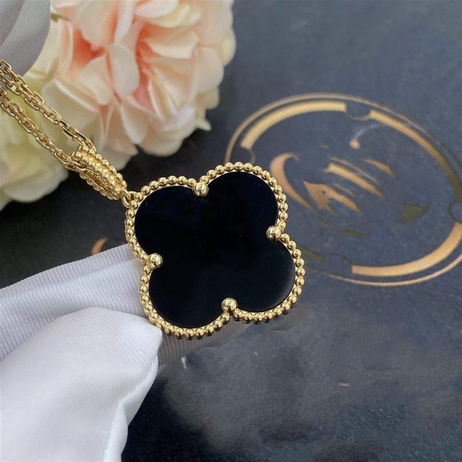[Elowen jewels ]CLOVER 25MM GOLD ONYX GROSSES KLEEBLATT-HALSKETTE